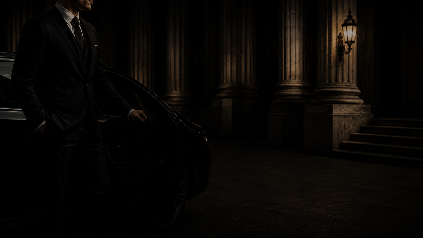 A chauffeur in a dark suit beside an open executive sedan door at a colonnaded entrance at night